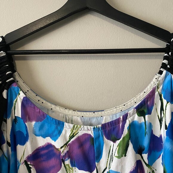 Handmade Plus Size Cotton Blue Floral Black White Polka Dot Dress - Picture 9 of 14